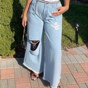 Light Blue Distressed Wide-Leg Jeans
